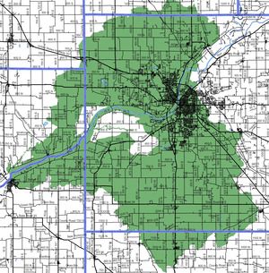 A map with green shading in the middle to indicate a critical area