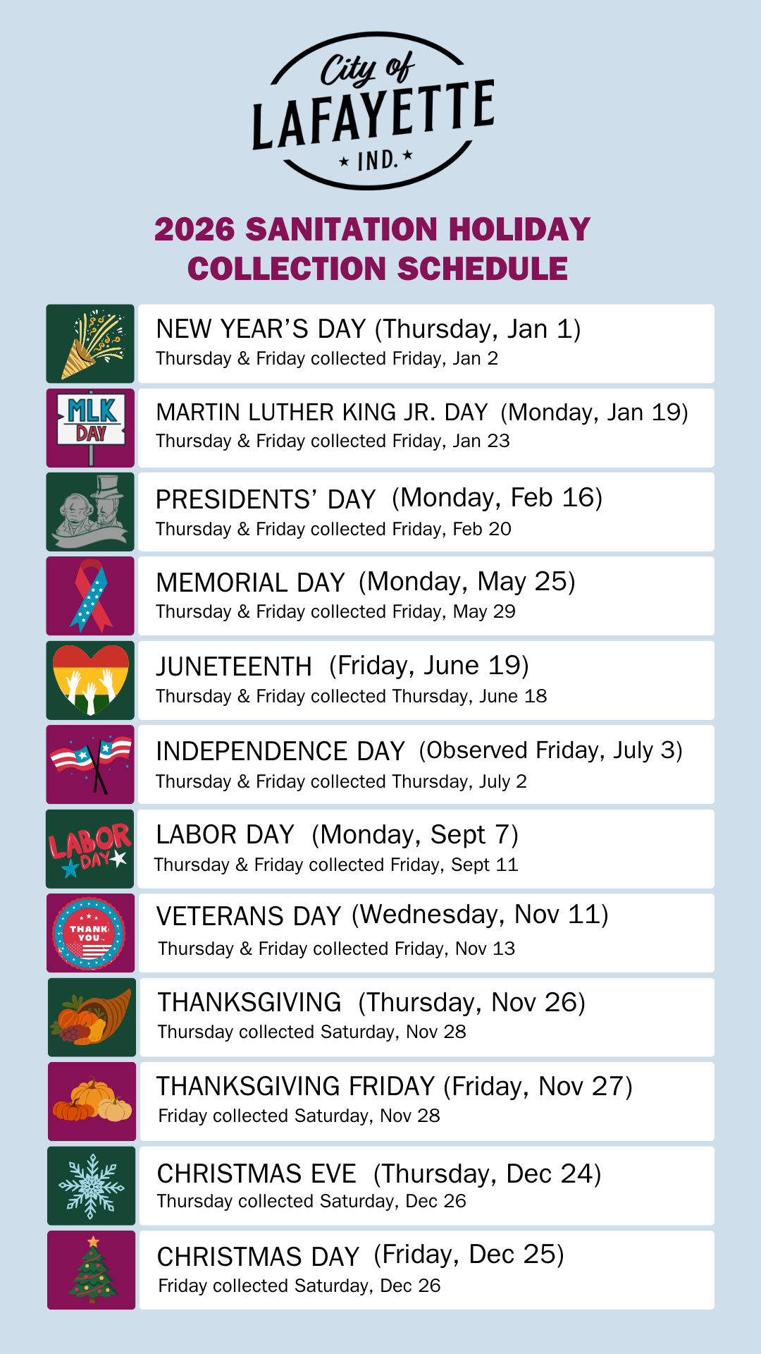2026 Sanitation Holiday Schedule